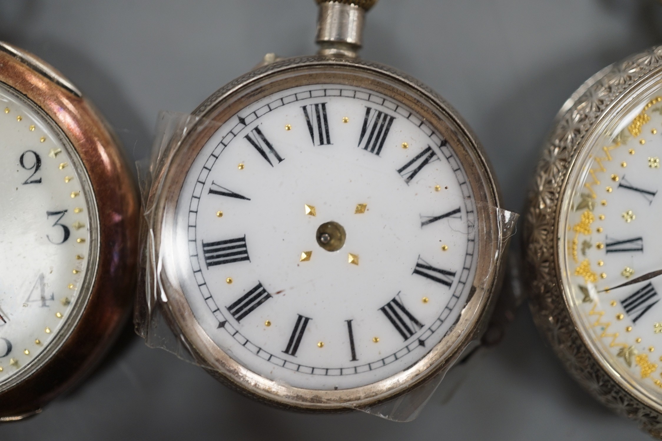 Three assorted fob watches including Swiss 935 standard white metal (a.f.).